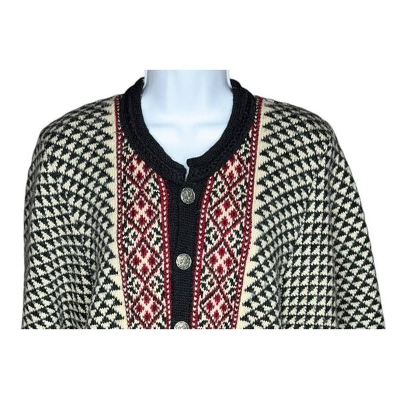 Vtg Vitabella Norway Sweater Cardigan Wool Black Read White Lined Thick Sz Large